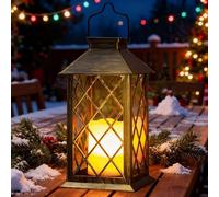 Yowin Lanterne Solaire Exterieur Grande Lampe Solaire Jardin avec Bougie, Verre Trempé, Lampe de Table Étanche Suspension Lampe, Solaire Exterieur a Poser pour Balcon Jardin Terrasse Deco - Bronze
