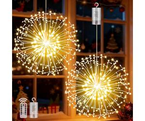 yowin Lumière de Feux d'Artifice 2 Pièces 198 Leds Lumineuses Feu d'artifice Alimentés par Batterie avec Télécommande, 8 Modes Lampe Feu d'Artifice Étanche pour Intérieure Extérieure - Blanc Chaud