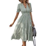 YOXUA Robe chemise sans manches à col en V pour femme - Robe midi rayée plissée à volants - Robe décontractée avec bouton, 1 # vert., Taille M