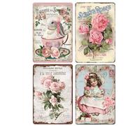 YOYI ART Lot de 4 panneaux en étain vintage avec roses roses - Panneaux de campagne française shabby chic pour chambre, salle de bain, cuisine, jardin, cour, décoration murale, cadeaux pour femmes et