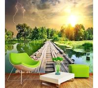 YOZYOOOZ Papier peint autocollant 3D motif pont en bois, rivière, coucher de soleil, forêt, paysage, idéal pour la décoration d'une chambre, d'un salon ou d'une télévision
