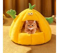 YPDOPORA Lit-Grotte Auto-Chauffant en Peluche Douce pour l'hiver, Niche pour Chats D'intérieur, Adorable Maison pour Chats en Forme De Citrouille avec Coussin Doux Amovible Et Lavable,Jaune,L