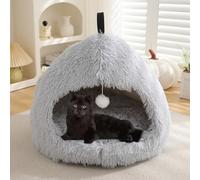 YPDOPORA Petit Lit-Tente Semi-Fermé pour Animaux De Compagnie, Lit pour Chats D'intérieur en Forme De Grotte, Petit Lit pour Chat en Forme De Dôme Moelleux avec Coussin Et Fond Antidérapant,Gris,M