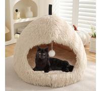 YPDOPORA Petit Lit-Tente Semi-Fermé pour Animaux De Compagnie, Lit pour Chats D'intérieur en Forme De Grotte, Petit Lit pour Chat en Forme De Dôme Moelleux avec Coussin Et Fond Antidérapant,Beige,S