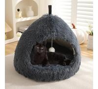YPDOPORA Petit Lit-Tente Semi-Fermé pour Animaux De Compagnie, Lit pour Chats D'intérieur en Forme De Grotte, Petit Lit pour Chat en Forme De Dôme Moelleux avec Coussin Et Fond Antidérapant,Noir,M