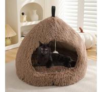 YPDOPORA Petit Lit-Tente Semi-Fermé pour Animaux De Compagnie, Lit pour Chats D'intérieur en Forme De Grotte, Petit Lit pour Chat en Forme De Dôme Moelleux avec Coussin Et Fond Antidérapant,Marron,S