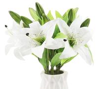 YPLonon 6PCS Fleurs Lys Artificielle Bouquets Blanc 36cm Faux Lys Arrangement Longue Tige Fleurs Réalistes en Plastique avec 3 Bourgeons pour Maison Mariage Parties Vases Décoration