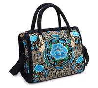 YPREWY Sac à main ethnique en toile brodée florale pour femme avec fermeture éclair, Bleu Bayberry