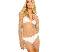 Ypser Perle Mesh Strass Cover Up Voir À Travers D'été Plage Mini Robe Deux Pièces Perle Sheer Robe, Une pièce-naturel, S - M