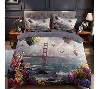 Ypthriline Housse de Couette 140x200 cm Paysage sous Le Pont Parure de Lit Fleurs et Papillons avec 2 Taies d'oreiller 65x65 cm Housse Couette Sets Réversible en Microfibre de avec Fermeture Éclair
