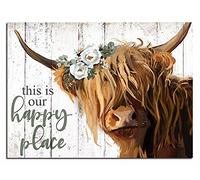YPY Impression sur toile « This is Our Happy Place » - Vache écossaise à poils longs avec fleur blanche - Décoration de cuisine encadrée (61 x 91,4 cm)