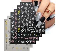 YPYMOD 3D Fleur Stickers Ongles Nail Art Autocollants Ongles Autoadhésif Nail Art Design Manucure 6 Feuilles(Noir,Blanc,Or,Rose)