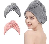 YQBFTC 2PCS Serviette Microfibre Cheveux Bouclés,Serviette Cheveux avec Boutons,Serviette Cheveux Microfibres Sechage Rapide,Serviette Cheveux Bouclés Super Absorbante pour Cheveux Secs(Rose,Gris)