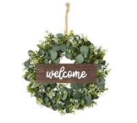 YQBFTC Couronne de porte d'eucalyptus artificiel de 45 cm, couronne d'eucalyptus avec plaque de bienvenue, couronne de porte, printemps, été, extérieur, décoration moderne à suspendre, couronne de
