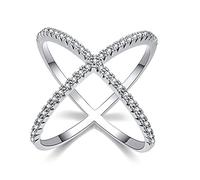 YQHWLKJ S925 Silver X Crossing Finger Ring Femme Micro Pavé CZ Cristal Anneaux Femmes Argent Anneaux-Argent,5