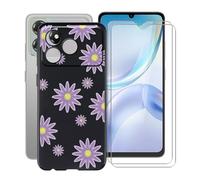 YQINHHME Coque pour ZTE Blade A36 (6.75") avec 2 X Protecteur D'écran en Verre Trempé, Ultra Fin Anti-Rayures Cover Noir Souple Silicone Housse Etui pour ZTE Blade A36 - Fleur Violette