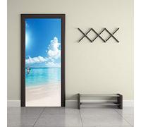 YQLKD Autocollant Poster De Porte 3D Bleu Ciel Nuages Blancs Plage Sable Vue Mer Porte Autocollant Décoration