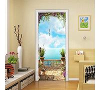 YQLKD Porte Poster Fleur 3D Balcon avec Vue sur La Mer Papier Peint Autocollant pour Porte PVC Home Poster Mural