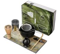 YQNISCU Ensemble de 7 fouets à Matcha Comprenant Un Bol à Matcha, Un Fouet en Bambou, Un Support, Un Tamis, Une cuillère à thé, Un Porte-cuillère et Un torchon, Noir Japonais