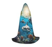 YQTGBCED Cape à capuche motif dauphins, tortue de mer, requin, pieuvre, corail pour Halloween, style Renaissance, parfaite pour les jeux de rôle et les fêtes