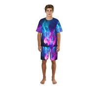 YQTGBCED Ensemble de pyjama pour homme imprimé feu bleu et rouge, col rond classique et short à taille élastique, pour les nuits d'été, Noir , S