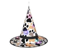 YQxwJL Chapeau de sorcière d'Halloween avec empreintes de pattes de chien, chapeau de sorcière à lumière LED, décorations de chapeaux de sorcière, décoration flottante à suspendre pour porche et cour