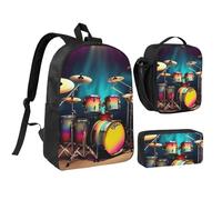 YQxwJL Cool Drums Ensemble de 3 sacs à dos avec boîte à déjeuner et trousse à crayons pour voyage, travail, camping Unisexe