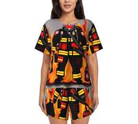 YQxwJL Ensemble de pyjama pour femme avec imprimé pompier, col rond, manches et short, doux, décontracté, ensemble de pyjama, Noir, XL