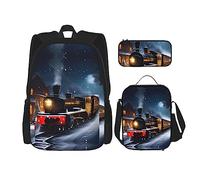 YQxwJL Ensemble de sac à dos 3 en 1, hiver Noël, neige, nuit, train, impression de train, sacs à dos de voyage décontractés, avec étui à crayons, sac à déjeuner