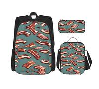 YQxwJL Ensemble de sac à dos 3 en 1, imprimé avec motif bacon straky, sac à dos de voyage décontracté, avec étui à crayons, sac à déjeuner, Motif bacon strié, One size
