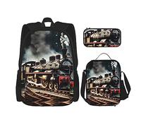 YQxwJL Ensemble de sac à dos 3 en 1, sac à dos de voyage décontracté imprimé citrouille d'Halloween, avec étui à crayons, sac à déjeuner, Train de locomotive à vapeur, One size