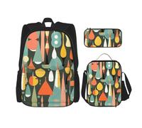 YQxwJL Ensemble sac à dos 3 en 1 imprimé indien, sac à dos de voyage décontracté avec trousse à crayons, sac à déjeuner, Rétro moderne avec des formes de goutte au milieu du siècle, One size