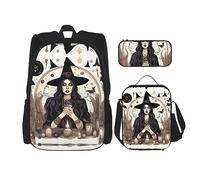 YQxwJL Ensemble sac à dos 3 en 1 pour livre, sac à dos de voyage décontracté avec formule mathématique, avec trousse à crayons, sac à déjeuner, sorcière magique, dessin bohème de la sorcière magique,