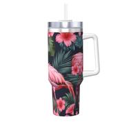 YQxwJL Gobelet à café chaud et froid avec poignée et couvercle à paille, motif flamant rose et fleurs d'amour pour homme et femme, cadeau d'anniversaire