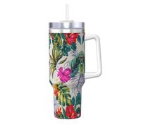 YQxwJL Gobelet imprimé fleurs et feuilles avec poignée couvercle paille, tasse à café chaud/froid pour homme et femme, cadeau d'anniversaire