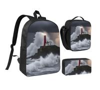 YQxwJL Lighthouse In Storm Lot de 3 sacs à dos avec boîte à déjeuner et trousse à crayons pour voyage, travail, camping Unisexe
