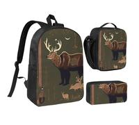YQxwJL Lodge Bear Lot de 3 sacs à dos avec boîte à déjeuner et trousse à crayons pour voyage, travail, camping Unisexe
