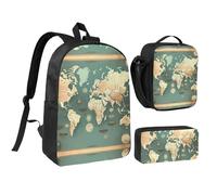 YQxwJL Lot de 3 sacs à dos avec boîte à déjeuner et trousse à crayons Motif carte du monde rétro Pour voyage, travail, camping Unisexe