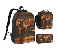 YQxwJL Lot de 3 sacs à dos avec boîte à déjeuner et trousse à crayons Motif carte du monde rouillé Unisexe