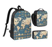 YQxwJL Lot de 3 sacs à dos avec boîte à déjeuner et trousse à crayons Motif carte du monde Unisexe