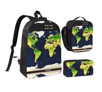YQxwJL Lot de 3 sacs à dos avec boîte à déjeuner et trousse à crayons Motif carte du monde Unisexe