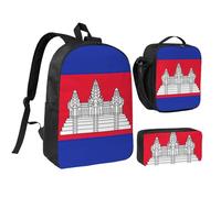 YQxwJL Lot de 3 sacs à dos avec boîte à déjeuner et trousse à crayons Motif drapeau du Cambodge Unisexe