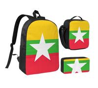 YQxwJL Lot de 3 sacs à dos avec boîte à déjeuner et trousse à crayons Motif drapeau du Myanmar Unisexe