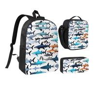 YQxwJL Lot de 3 sacs à dos avec boîte à déjeuner et trousse à crayons Motif requins Unisexe