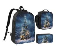 YQxwJL Lot de 3 sacs à dos avec boîte à déjeuner et trousse à crayons Motif sapin de Noël et neige Unisexe