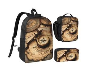 YQxwJL Lot de 3 sacs à dos avec boussole et vieille carte du monde - Avec boîte à déjeuner et trousse à crayons - Unisexe