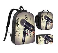 YQxwJL Lot de 3 sacs à dos avec micro et notes de musique - Avec boîte à déjeuner et trousse à crayons - Unisexe