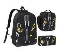 YQxwJL Lot de 3 sacs à dos avec micro et notes de musique - Avec boîte à déjeuner et trousse à crayons - Unisexe