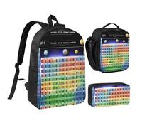YQxwJL Lot de 3 sacs à dos imprimés avec tableau périodique des éléments avec boîte à déjeuner et trousse à crayons pour voyage, travail, camping unisexe