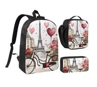 YQxwJL Love Paris Tower Lot de 3 sacs à dos avec boîte à déjeuner et trousse à crayons pour voyage, travail, camping Unisexe